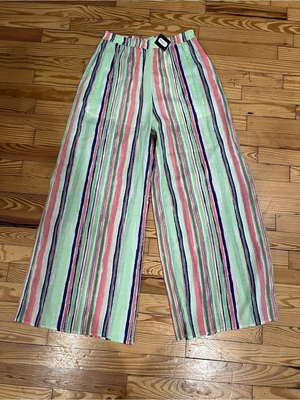 Wide Leg Striped Linen Pants in Mint, Pink & Navy